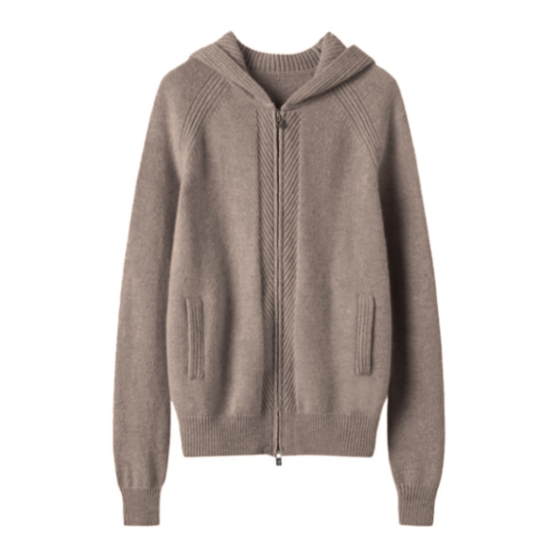 给足你气质!纯羊绒连帽长袖针织开衫女宽松纯色带帽外套上衣 - 图2