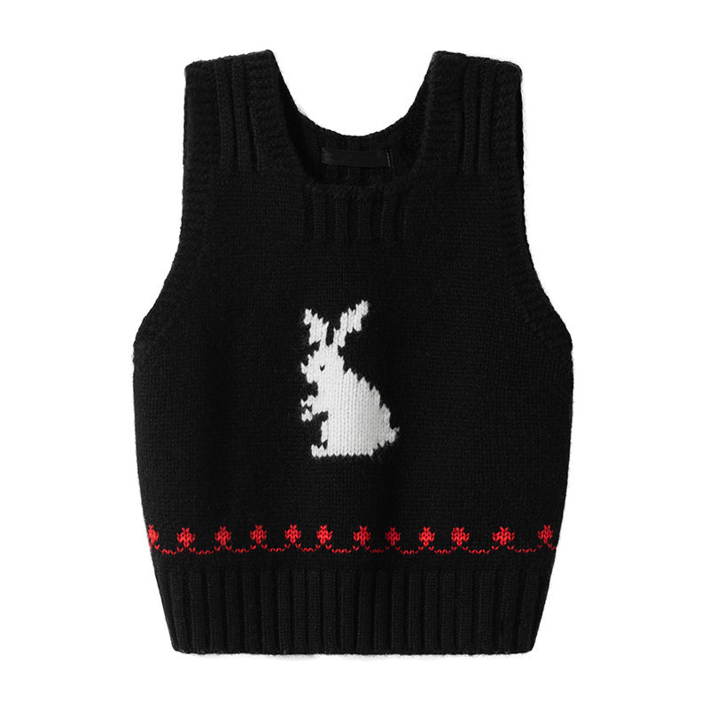 狂爱品质感~新款小白兔纯羊绒黑色针织衫圆领套头背心马甲女,淘宝优惠券,粉丝福利购,淘宝优惠卷