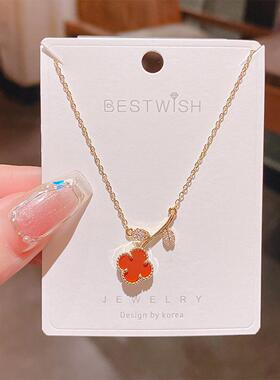 205新品红色玛瑙花朵锆石项链