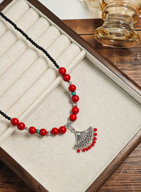 新款波西米亚民族风项链 复古拼色珠子流苏古风扇形头饰项链两用