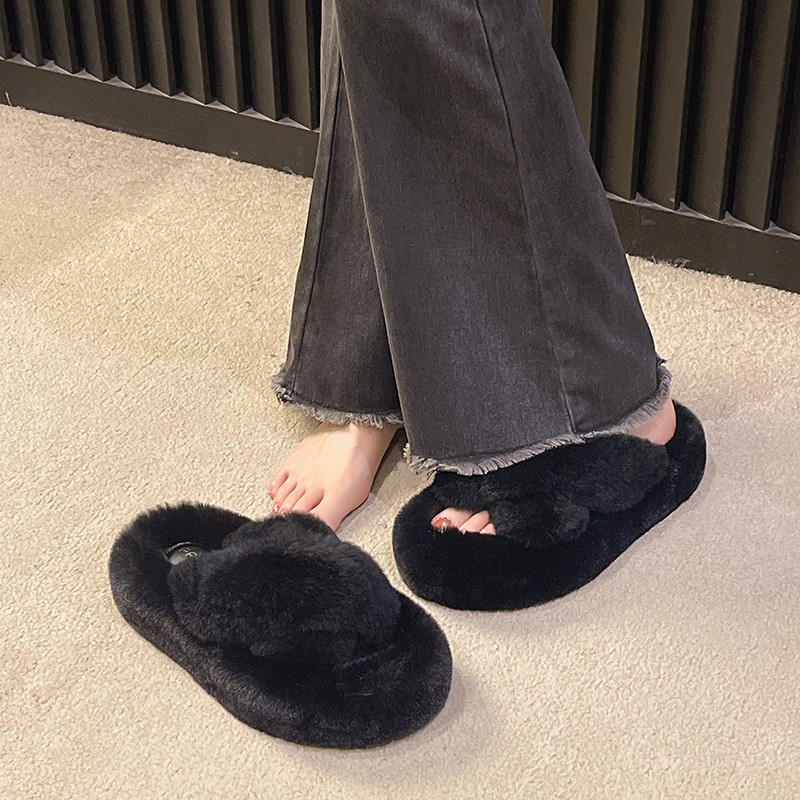 獭兔毛拼色高级感毛毛拖鞋女秋冬时尚交叉厚底防滑居家一字棉拖鞋,淘宝优惠券,粉丝福利购,淘宝优惠卷