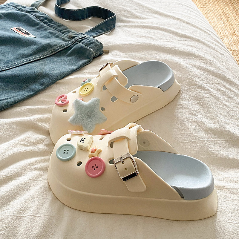 多巴胺厚底洞洞鞋女夏季网红外穿可爱小熊纽扣防滑包头沙滩凉拖鞋,淘宝优惠券,粉丝福利购,淘宝优惠卷
