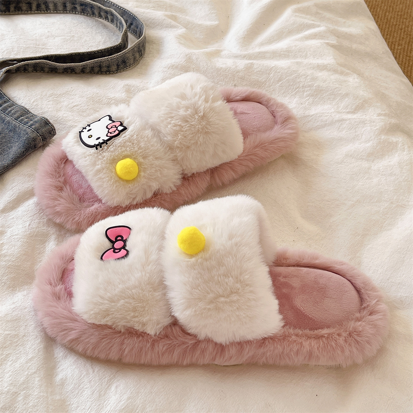 少女心可爱猫咪毛毛拖鞋女秋冬季室内居家防滑保暖毛绒一字棉拖鞋 - 图2