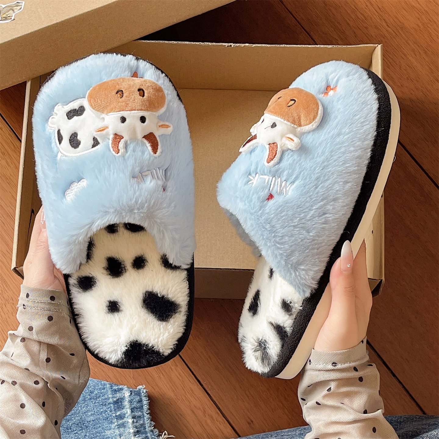 可爱奶牛棉拖鞋女冬季2025新款室内居家保暖毛绒防滑厚底毛毛拖鞋,淘宝优惠券,粉丝福利购,淘宝优惠卷