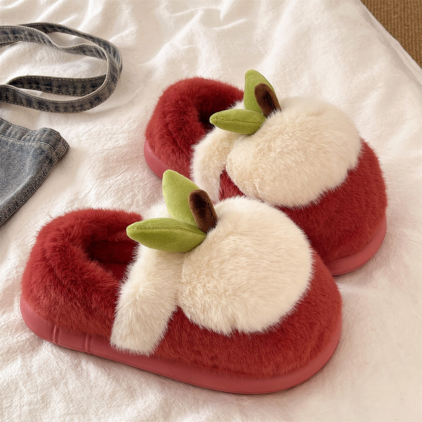毛绒棉拖鞋女冬季可爱苹果加绒保暖居家室内包跟厚底防滑月子棉鞋,淘宝优惠券,粉丝福利购,淘宝优惠卷