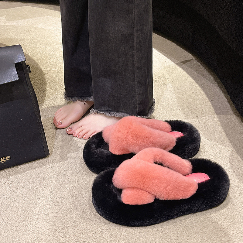 獭兔毛拼色高级感毛毛拖鞋女秋冬时尚交叉厚底防滑居家一字棉拖鞋,淘宝优惠券,粉丝福利购,淘宝优惠卷