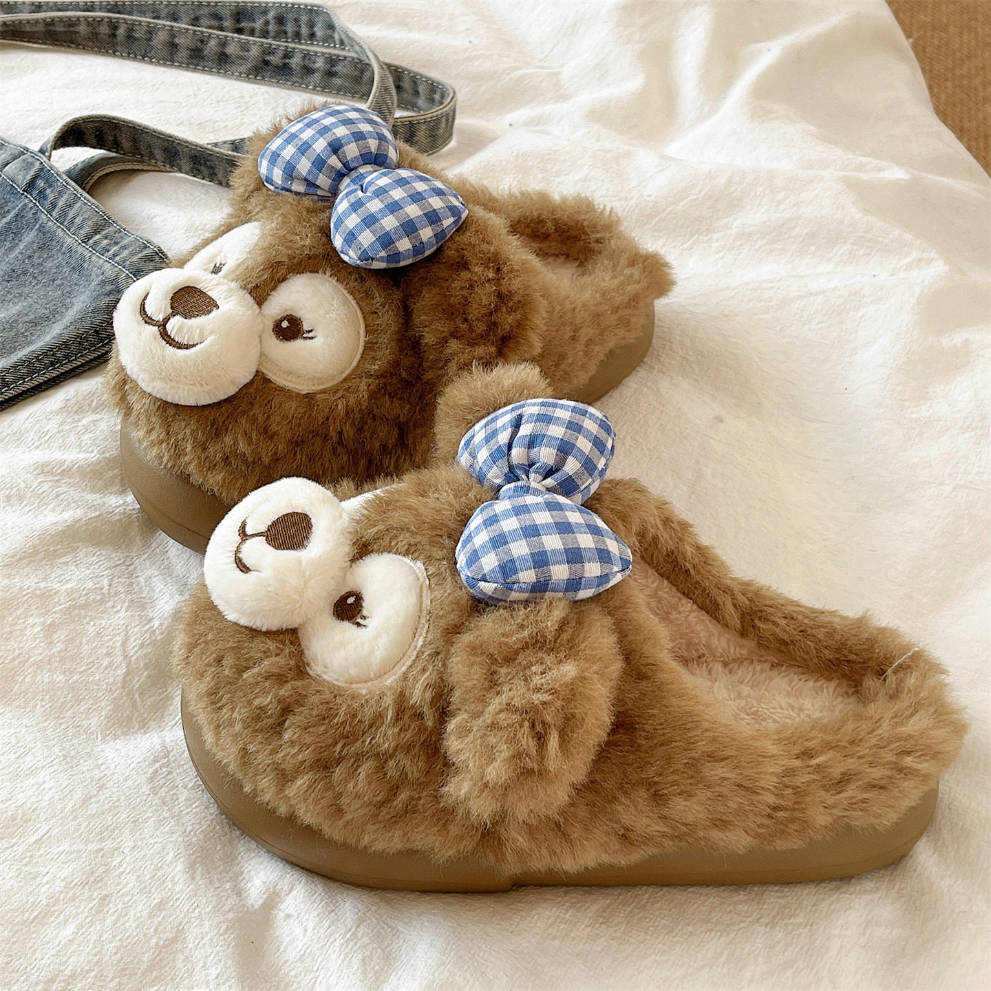 厚底棉拖鞋女冬季可爱蝴蝶结小熊包头防滑室内居家毛绒保暖月子鞋,淘宝优惠券,粉丝福利购,淘宝优惠卷