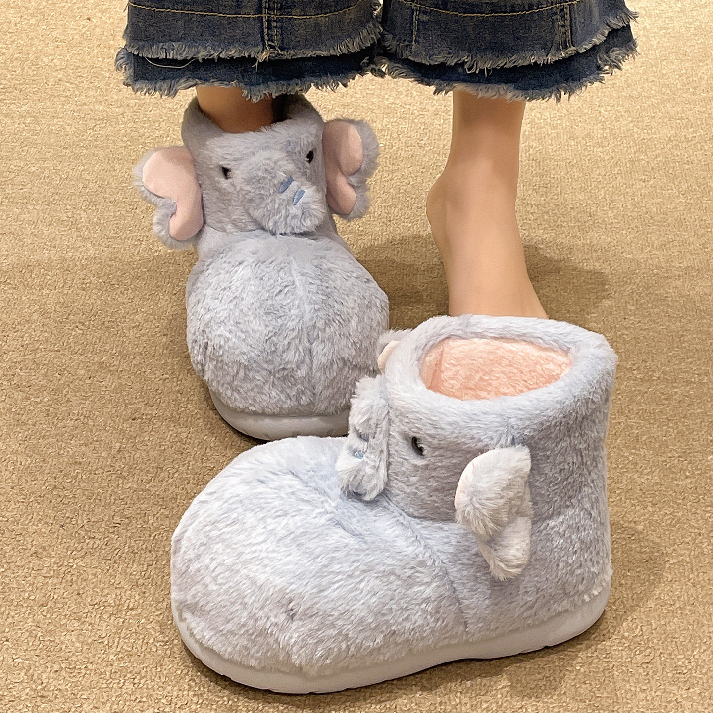 软萌可爱小象毛毛棉拖鞋女冬季室内外穿包跟保暖防滑加绒高帮棉靴,淘宝优惠券,粉丝福利购,淘宝优惠卷