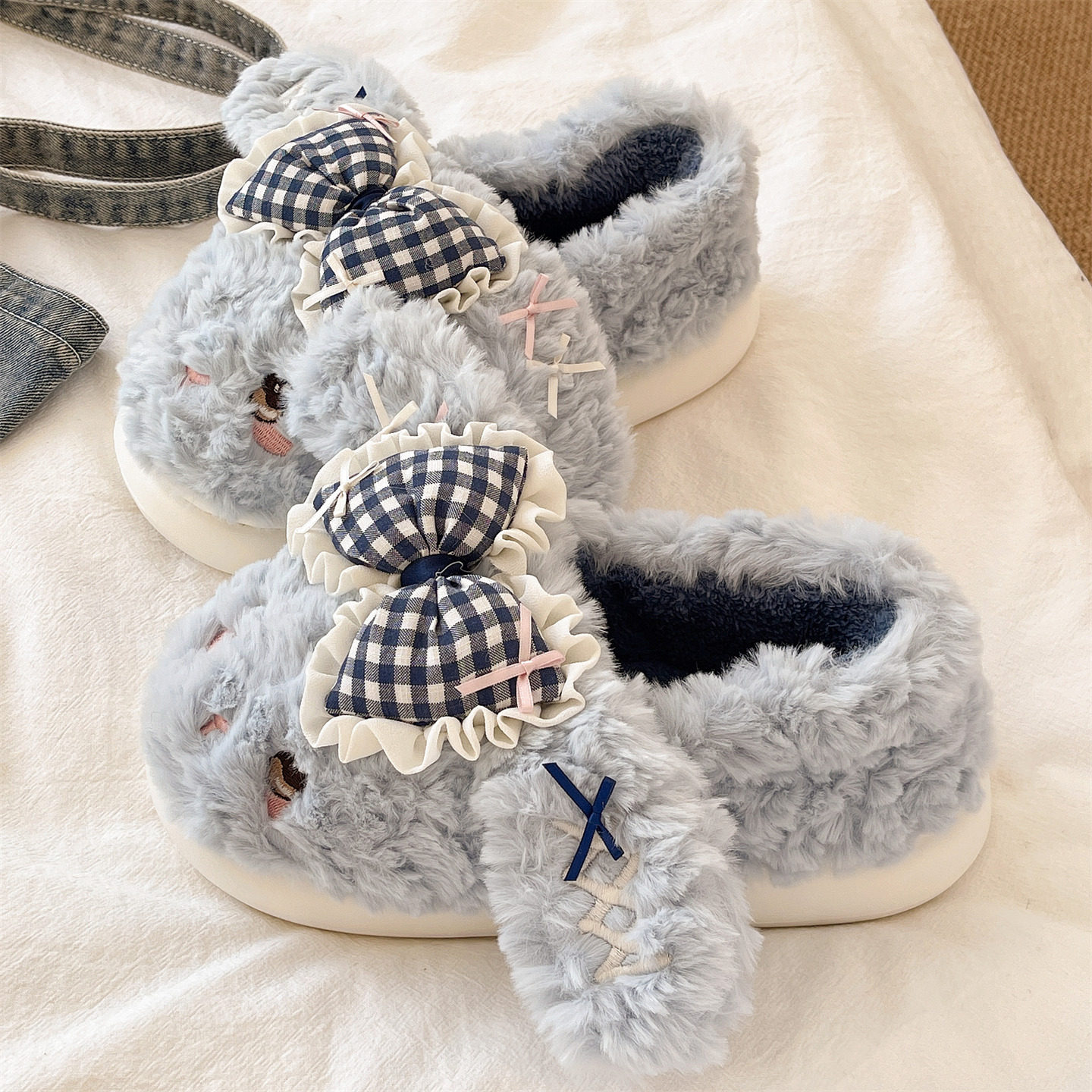 可爱蝴蝶结小兔棉拖鞋女冬季居家室内毛毛绒保暖包跟防滑月子棉鞋,淘宝优惠券,粉丝福利购,淘宝优惠卷