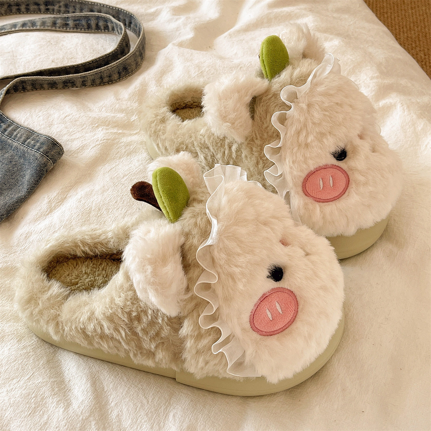 可爱小苹果毛毛鞋女冬季居家室内毛绒保暖包头厚底防滑月子棉拖鞋,淘宝优惠券,粉丝福利购,淘宝优惠卷