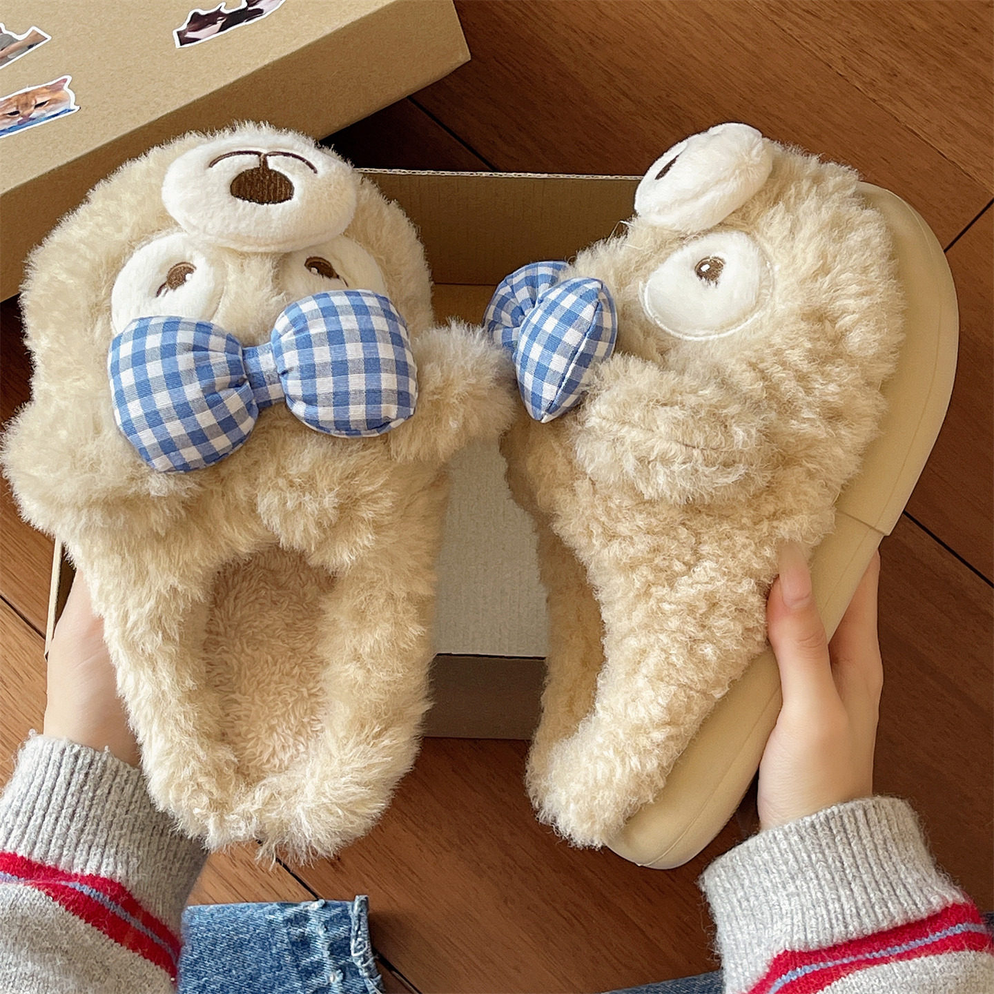 厚底棉拖鞋女冬季可爱蝴蝶结小熊包头防滑室内居家毛绒保暖月子鞋,淘宝优惠券,粉丝福利购,淘宝优惠卷