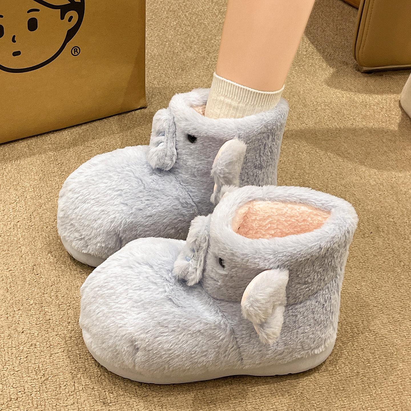 软萌可爱小象毛毛棉拖鞋女冬季室内外穿包跟保暖防滑加绒高帮棉靴,淘宝优惠券,粉丝福利购,淘宝优惠卷