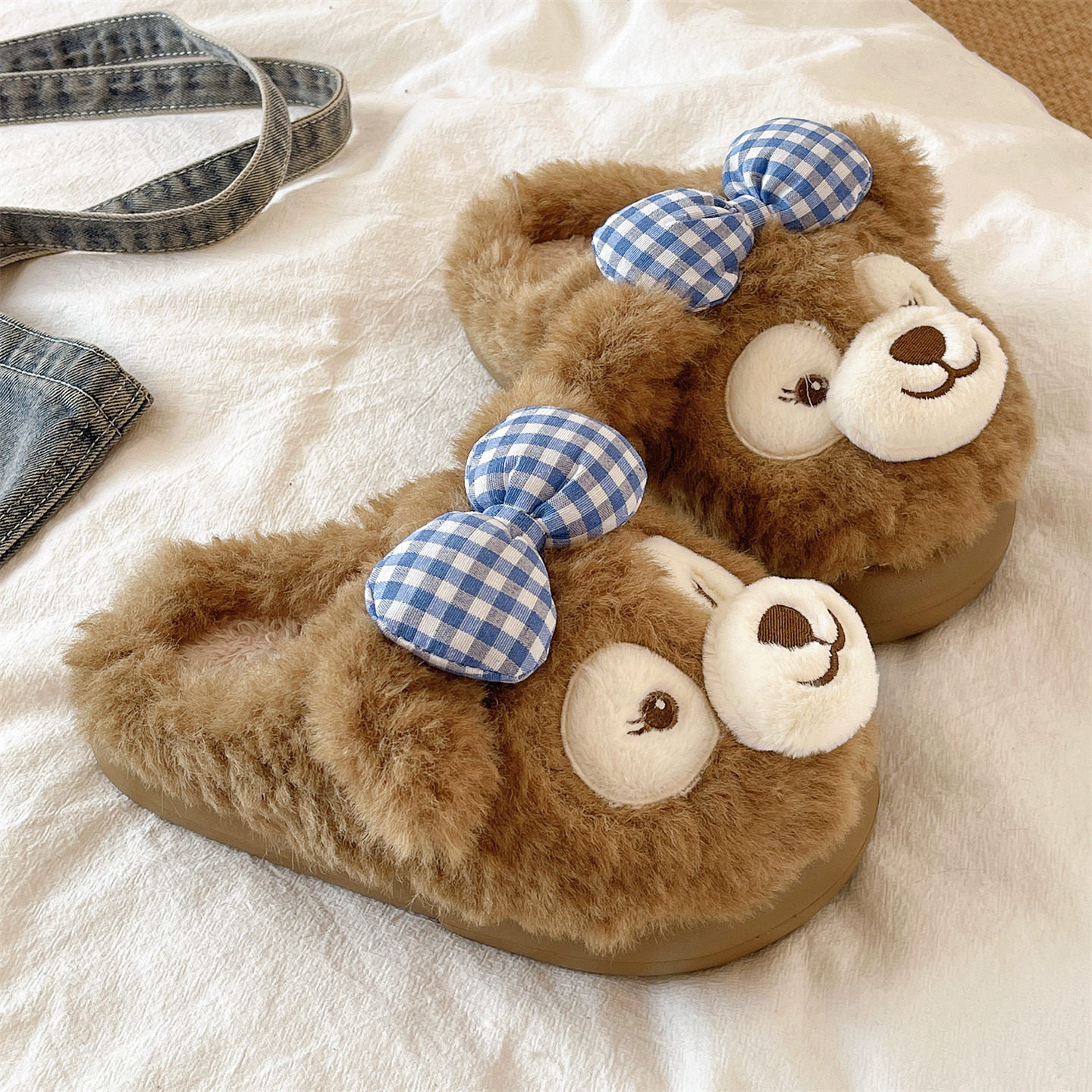 厚底棉拖鞋女冬季可爱蝴蝶结小熊包头防滑室内居家毛绒保暖月子鞋,淘宝优惠券,粉丝福利购,淘宝优惠卷
