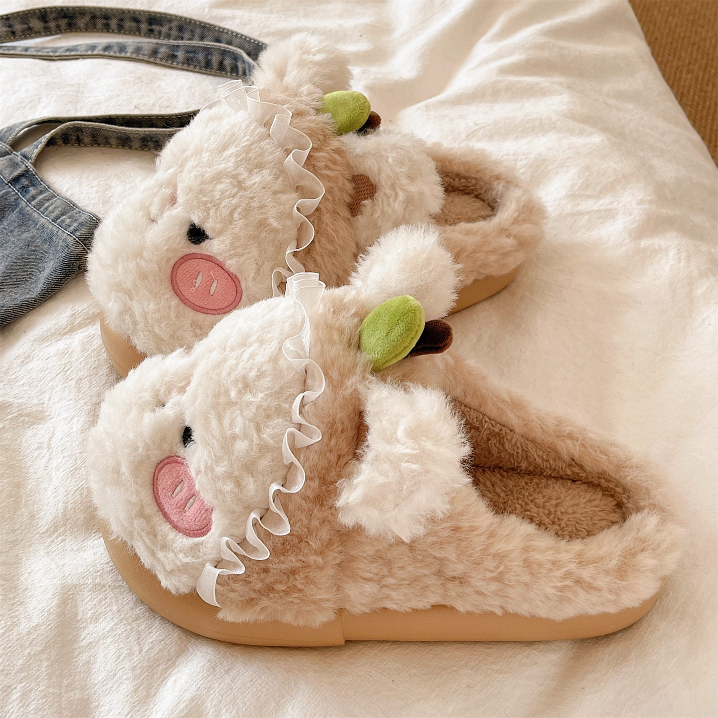 可爱小苹果毛毛鞋女冬季居家室内毛绒保暖包头厚底防滑月子棉拖鞋,淘宝优惠券,粉丝福利购,淘宝优惠卷