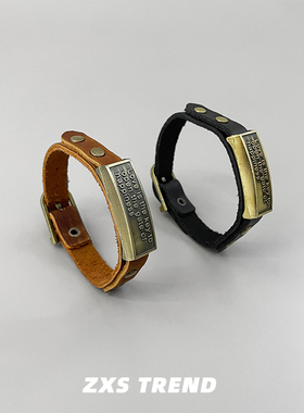 头层牛皮军牌字母手环嘻哈个性