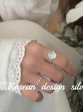 韩版东大门ins风饰品 S925纯银简约椭圆海蓝宝戒指性冷淡风高级女