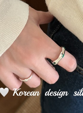 韩国小众设计高级感银饰品 S925纯银不规则绿锆石戒指开口女ins风