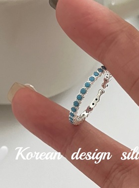 韩国秋冬小众设计银饰  S925纯银绿松石拼接素圈戒指高级感ins风