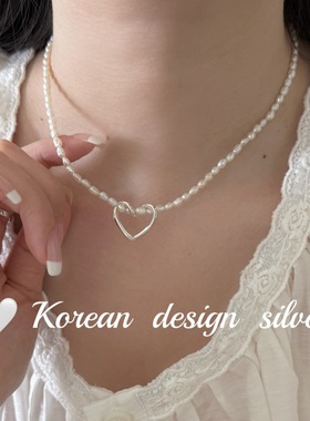 韩系轻奢ins风锁骨链 S925纯银镂空爱心天然珍珠项链气质高级感女