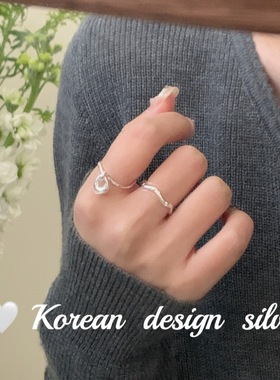 韩版小众设计感极简银饰 S925纯银简约镂空水滴吊坠戒指叠戴高级
