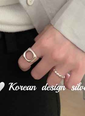 韩版冷淡风小众设计感银饰 S925纯银极简方形镂空戒指高级感叠戴