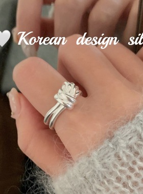 韩版东大门ins个性冷淡风银饰品 S925纯银简约双层绳结戒指高级女