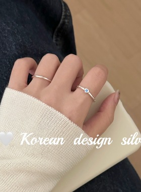 韩版ins风设计感银饰 S925纯银简约粉蓝黑白锆石爱心戒指百搭叠戴