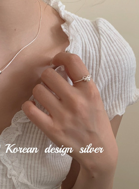 韩版小众ins风设计银饰品 925纯银蝴蝶结钻石戒指开口指环女