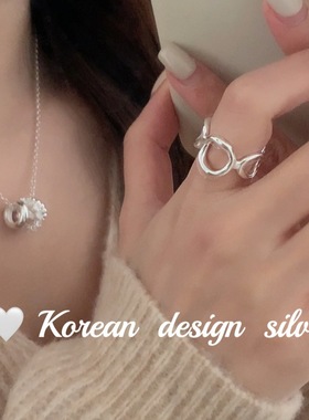 韩国Ins风小众设计银饰品 S925纯银简约椭圆镂空拼接戒指女款高级