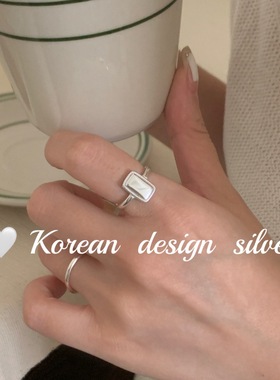 2025年韩系秋冬小众新款 S925纯银简约方形黑边块戒指高级感叠戴