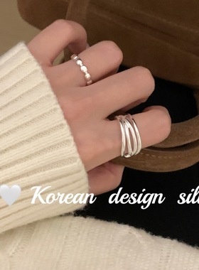 韩国ins风小众设计银饰 S925纯银ab款交叉镂空线条麻花戒指可调节