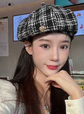 粗纺小香风贝雷帽女秋冬复古画家帽格子显脸小优雅网红ins气质潮
