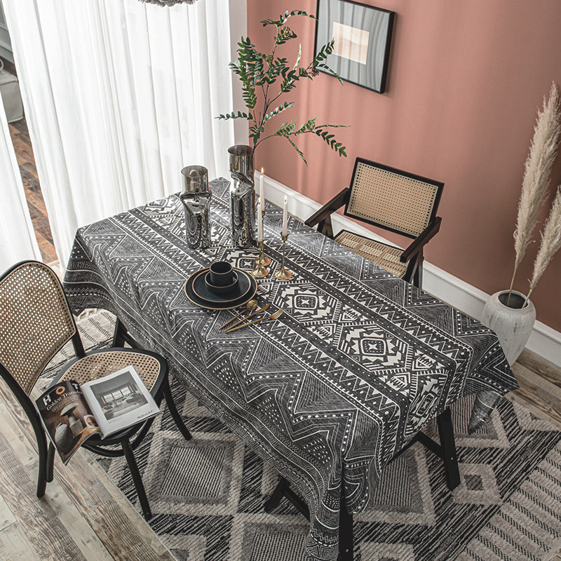 复古蓝色餐桌布几何印花东南亚民族风长方形桌布圆桌茶几台布盖布 - 图0