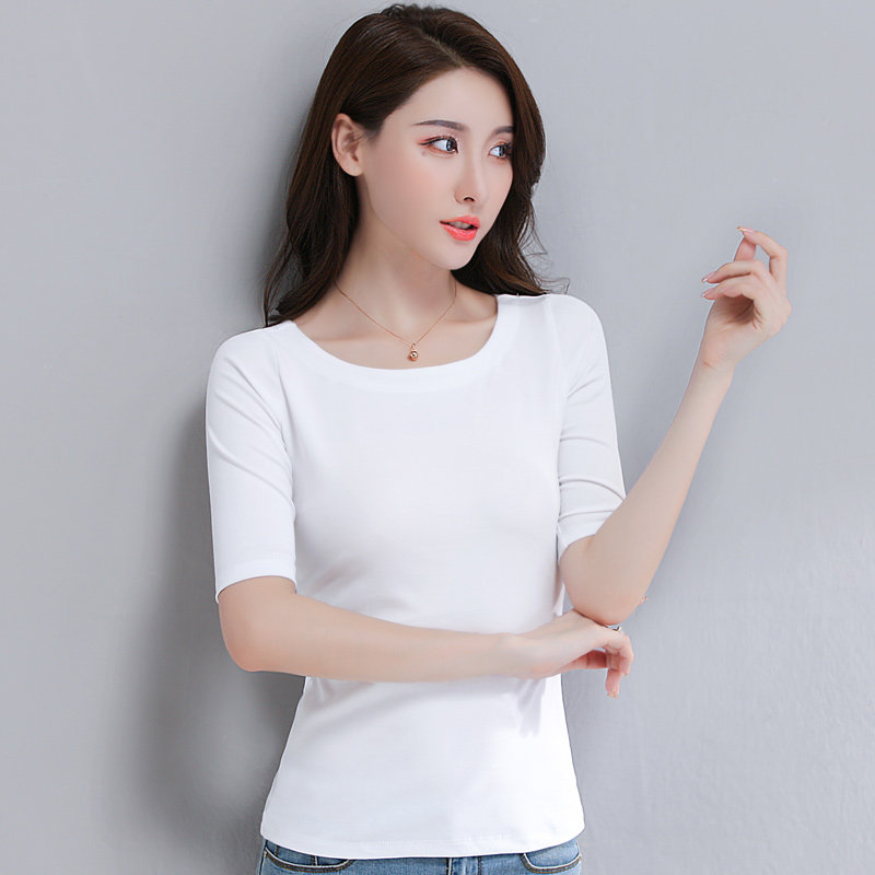 半圆领中袖t恤黑色短款修身打底衫 朝五吩T恤