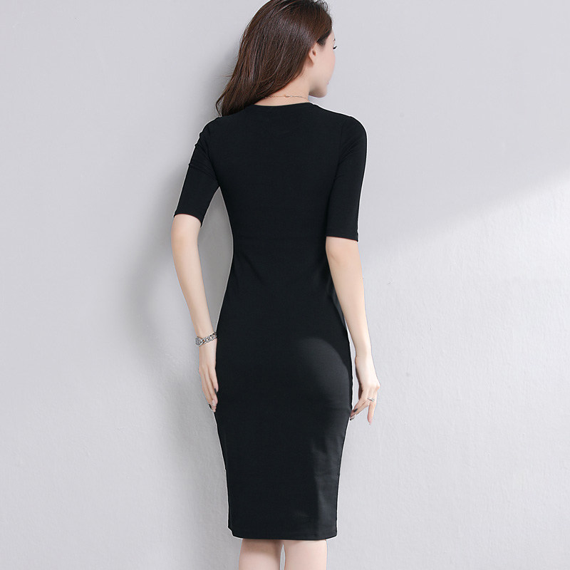 黑色修身气质春秋中长款中袖连衣裙 朝五吩连衣裙