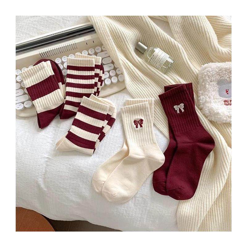 安可拉红色春秋中筒袜子蝴蝶结长筒袜ins百搭条纹女袜可过年穿哦,淘宝优惠券,粉丝福利购,淘宝优惠卷