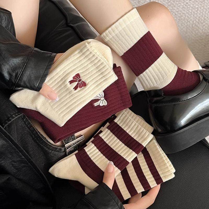 安可拉红色春秋中筒袜子蝴蝶结长筒袜ins百搭条纹女袜可过年穿哦,淘宝优惠券,粉丝福利购,淘宝优惠卷