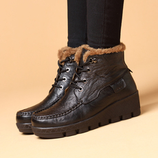 Женские сапоги 骆驼女鞋冬季牛皮坡跟短靴保暖加绒防滑女式真皮休闲棉靴妈妈鞋 Camel