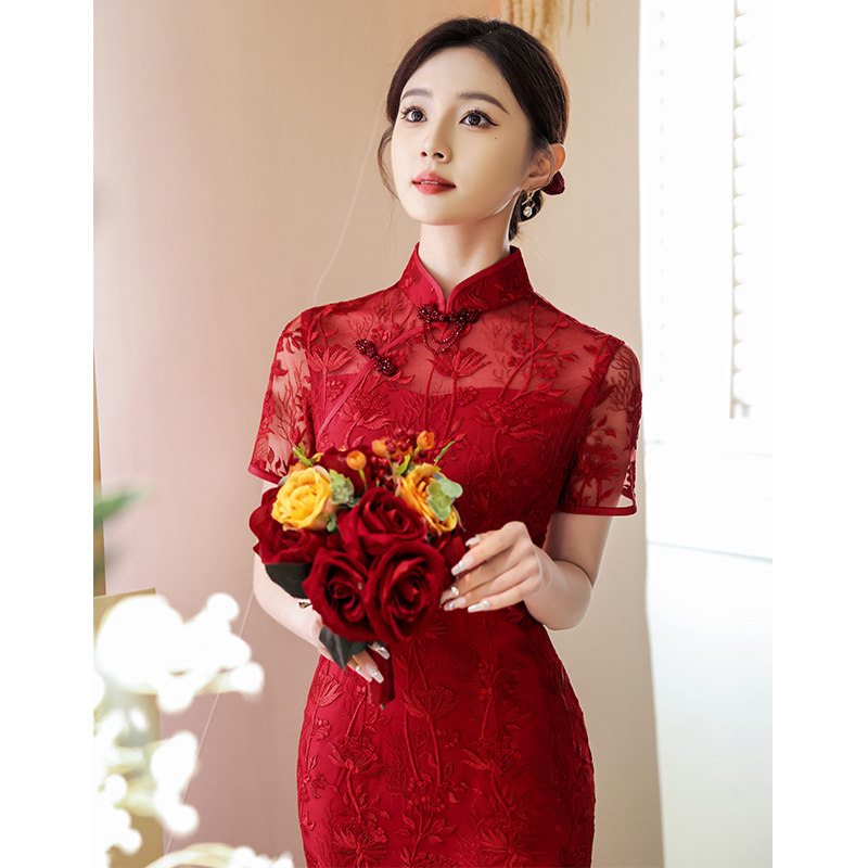 新中式旗袍敬酒服新娘2023新款夏季订婚礼服小个子高级感改良红色_虎窝淘