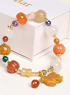 晶尧水晶 天然金丝玉手链葫芦南瓜貔貅黄龙玉手串珠diy复古民族风