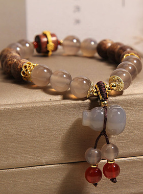 天然灰玛瑙檀木手链女夏ins小众轻奢葫芦吊坠手串送女友闺蜜礼物