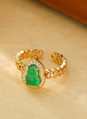 新中式花丝绿玉葫芦戒指女国风小众设计轻奢百搭高级感食指戒