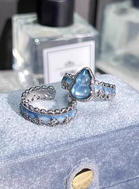 神秘海域！国潮风新中式宝蓝葫芦戒指女渐变滴釉个性简约高级感新