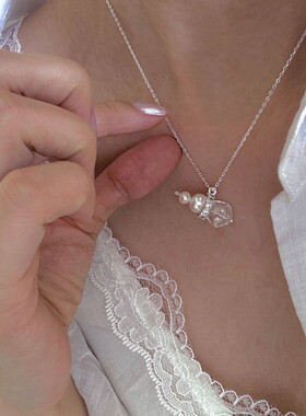 天然巴西白水晶珍珠锁骨链许愿塔小葫芦香水瓶通体S925纯银项链女