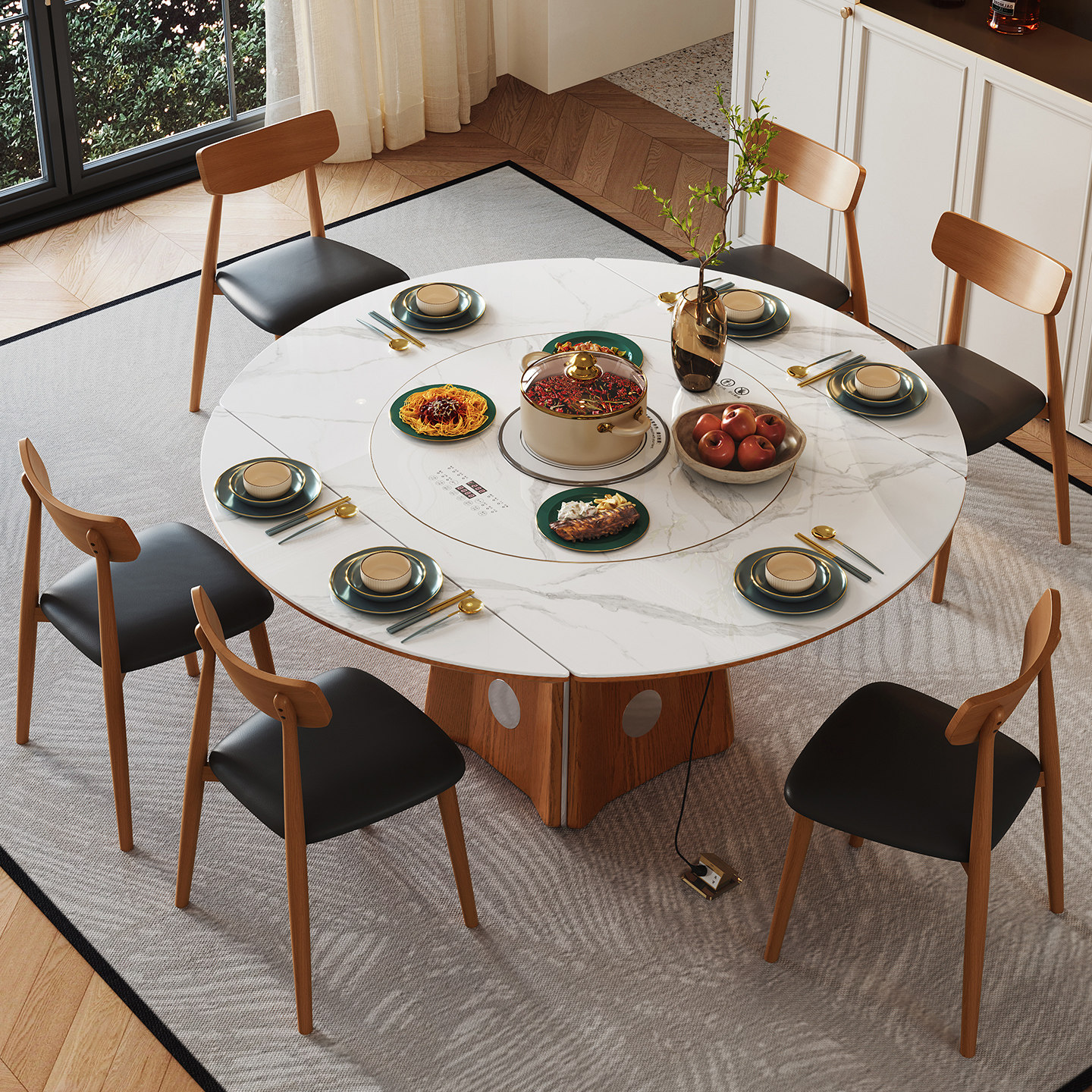 暖菜板岩板餐桌带电磁炉暖菜一体可变圆桌伸缩小户型折叠圆形饭桌,淘宝优惠券,粉丝福利购,淘宝优惠卷