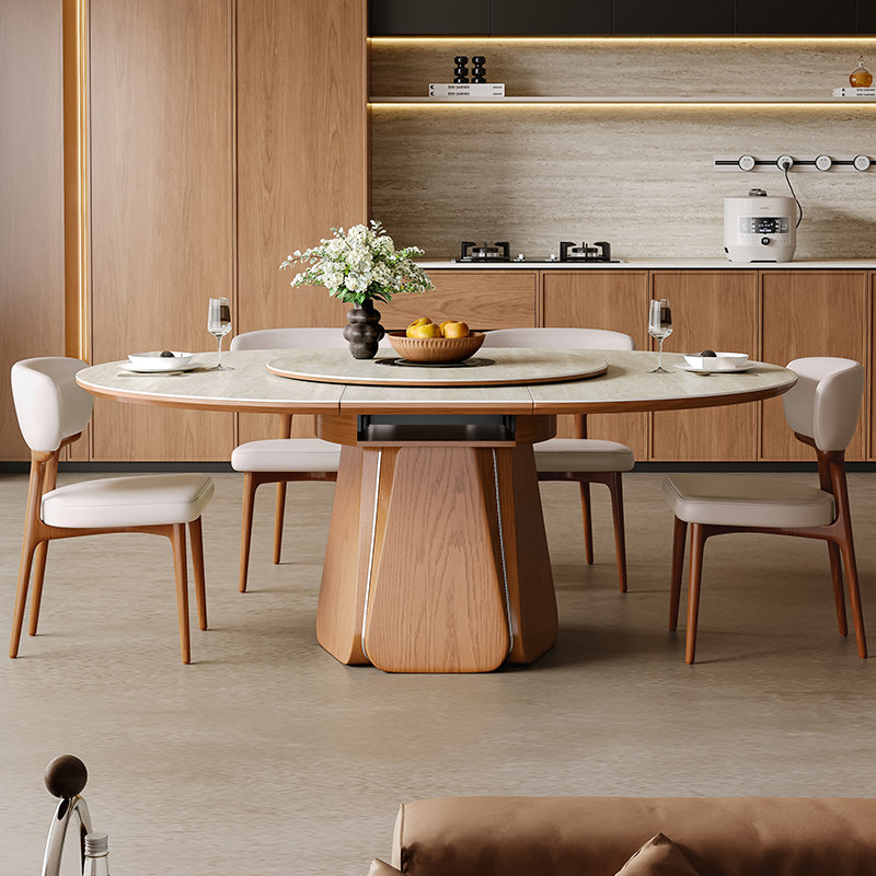 杰格森中古风岩板伸缩餐桌可变形圆桌复古全托底板哑光洞石餐桌椅,淘宝优惠券,粉丝福利购,淘宝优惠卷