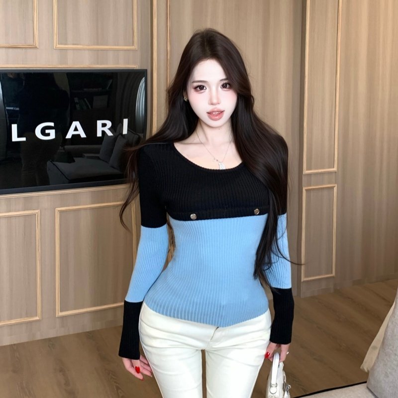 洋气时髦撞色针织衫女韩系修身正肩打底衫早秋氛围感穿搭上衣,淘宝优惠券,粉丝福利购,淘宝优惠卷