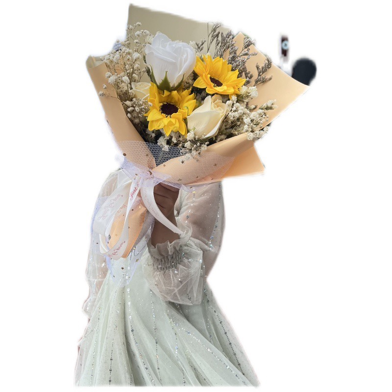 ins风碎冰蓝向日葵玫瑰满天星花束仿真香皂花送人情人节生日礼物