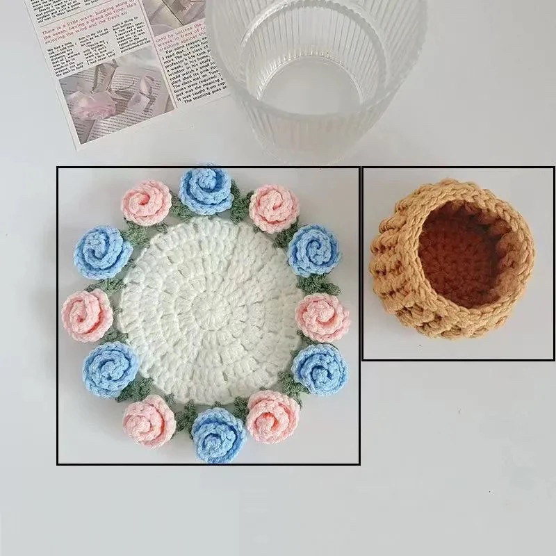 【成品】玫瑰花杯垫变手捧花纯手工编织创意礼品桌面摆件节日礼物,淘宝优惠券,粉丝福利购,淘宝优惠卷