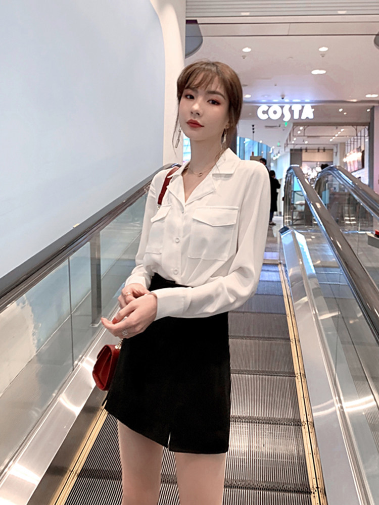 白色女士新款2020年长袖雪纺衬衫 觅影蕾丝衫/雪纺衫